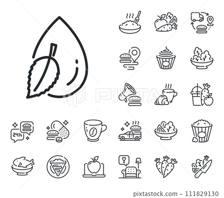 Clean aqua leaf sign. Crepe, sweet popcorn and salad outline icons. Mint water drop line icon. Liquid symbol. Water drop line sign. Pasta spaghetti, fresh juice icon. Supply chain. Vector Clean aqua leaf sign. Crepe, sweet popcorn and salad outline icons. Mint water drop line icon. Liquid symbol. Water drop line sign. Pasta spaghetti, fresh juice icon. Supply chain. Vector 111829130