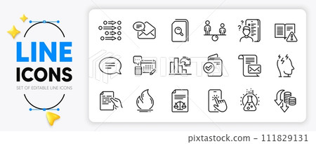 Instruction manual, Chat and Equity line icons set for app include New mail, Search files, Chemistry lab outline thin icon. Mail letter, Hold document, Fire energy pictogram icon. Vector Instruction manual, Chat and Equity line icons set for app include New mail, Search files, Chemistry lab outline thin icon. Mail letter, Hold document, Fire energy pictogram icon. Vector 111829131