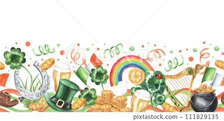 St. Patrick's Day watercolor seamless border. Rainbow, harp, pot of gold, coins money, clover, beer, flag of ireland. Hand drawn illustration . For print, design, invitations, etc. St. Patrick's Day watercolor seamless border. Rainbow, harp, pot of gold, coins money, clover, beer, flag of ireland. Hand drawn illustration . For print, design, invitations, etc. 111829135