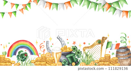 St. Patrick's Day watercolor horizontal decoration banner, card. Rainbow, harp, pot of gold, coins money, clover, letter. Hand drawn illustration isolated on white background. For print, design. St. Patrick's Day watercolor horizontal decoration banner, card. Rainbow, harp, pot of gold, coins money, clover, letter. Hand drawn illustration isolated on white background. For print, design. 111829136