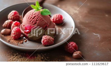 Scoops of raspberry chocolate ice cream with fresh berries on a dessert plate 111829617