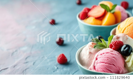 Assorted ice cream scoops in a bowl with fresh fruits and berries on a blue background for a sweet dessert Assorted ice cream scoops in a bowl with fresh fruits and berries on a blue background for a sweet dessert 111829640