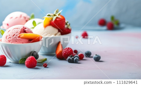 Refreshing bowls of strawberry and vanilla ice cream with fresh berries on a cool pastel surface. 111829641