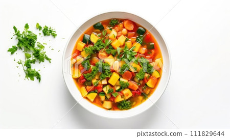 Fresh vegetable soup with diced veggies in a white bowl on a clean countertop 111829644
