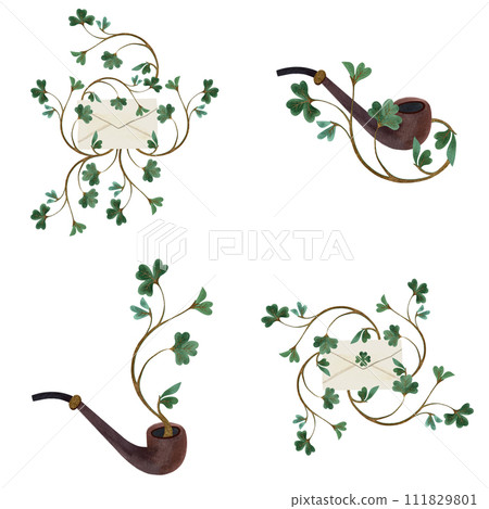 Set of illustrations for St. Patrick's Day. Compositions for postcards and Irish holiday decorations. Isolated watercolor illustration on white background. 111829801
