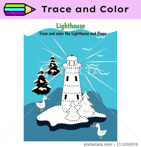 Pen tracing lines activity worksheet for children. Pencil control for kids practicing motoric skills. Lighthouse educational printable worksheet. Vector illustration. 111830059
