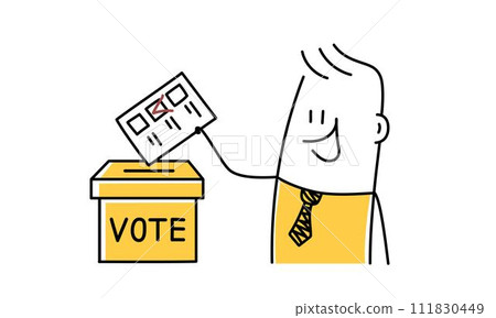 Stickman putting election ballot into box on voting station. 111830449