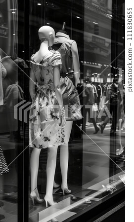 Black and white photo of glass storefronts with manikins, manikins in sold clothes Black and white photo of glass storefronts with manikins, manikins in sold clothes 111830655