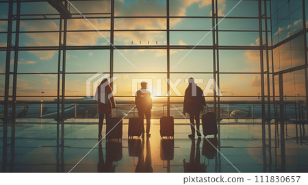 Tourists passengers with suitcases at modern airport, back view Tourists passengers with suitcases at modern airport, back view 111830657