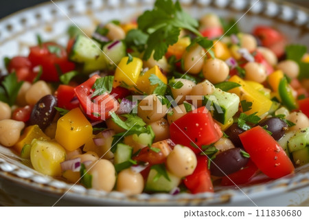 a bowl of chickpeas , tomatoes , cucumbers , olives and other vegetables 111830680