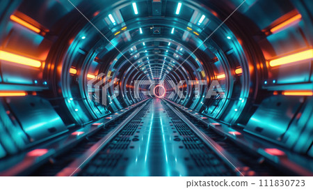 Futuristic round tunnel with metal floor and walls, abstract tech space background. Perspective of dark corridor with neon lights. Concept of technology, future, transportation Futuristic round tunnel with metal floor and walls, abstract tech space background. Perspective of dark corridor with neon lights. Concept of technology, future, transportation 111830723