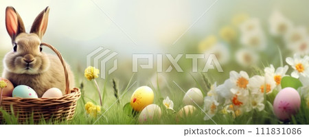 Holiday celebration banner with cute Easter bunny with decorated eggs and spring flowers on green spring meadow. Rabbit in landscape. Happy Easter greeting card, banner, festive background.Copy space 111831086