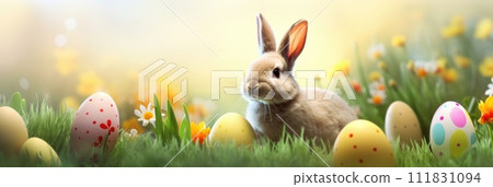 Holiday celebration banner with cute Easter bunny with decorated eggs and spring flowers on green spring meadow. Rabbit in landscape. Happy Easter greeting card, banner, festive background.Copy space 111831094