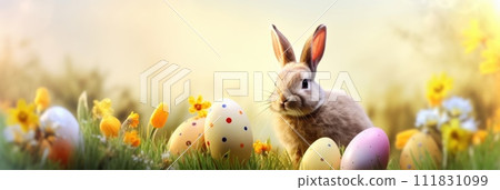 Holiday celebration banner with cute Easter bunny with decorated eggs and spring flowers on green spring meadow. Rabbit in landscape. Happy Easter greeting card, banner, festive background.Copy space 111831099