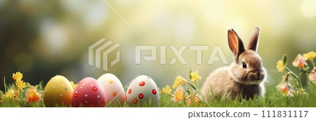 Holiday celebration banner with cute Easter bunny with decorated eggs and spring flowers on green spring meadow. Rabbit in landscape. Happy Easter greeting card, banner, festive background.Copy space Holiday celebration banner with cute Easter bunny with decorated eggs and spring flowers on green spring meadow. Rabbit in landscape. Happy Easter greeting card, banner, festive background.Copy space 111831117