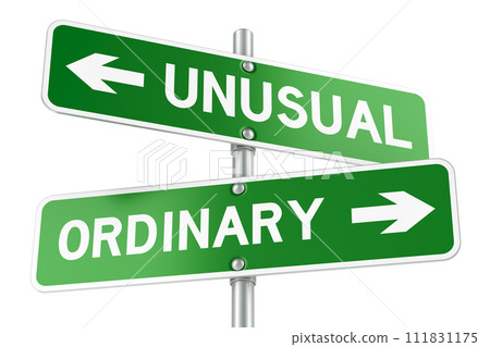 Unusual or Ordinary. Opposite traffic sign, 3D rendering Unusual or Ordinary. Opposite traffic sign, 3D rendering 111831175