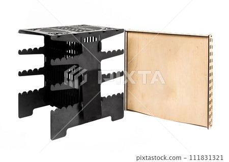 Vertical barbecue grill with wooden box. Steel black on white background isolated Vertical barbecue grill with wooden box. Steel black on white background isolated 111831321