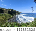 Muriwai Beach in Auckland, New Zealand, blue sky, white waves and black sand 111831328