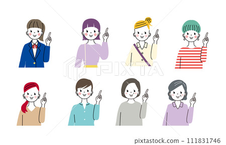 Upper body illustrations of women of various ages doing pointing poses 111831746