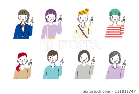 Upper body of women of various ages doing pointing poses 111831747