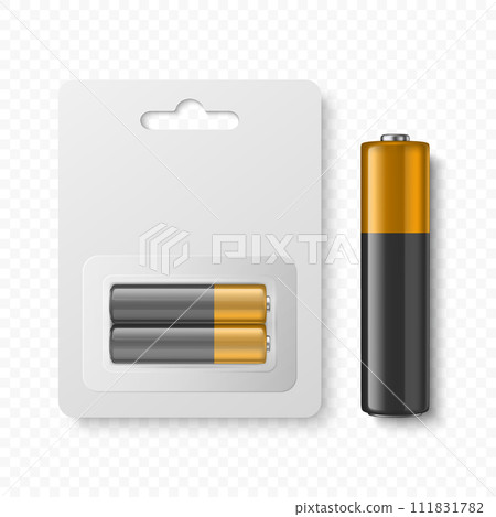 Vector 3D Realistic Alkaline Battery Set in Paper Blister Closeup Isolated. AA Size. Design Template for Branding and Mockup. Energy and Technology Concept 111831782