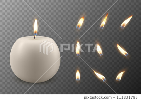 Vector 3D Realistic Paraffin Wax Burning Party Spa Candle and Burning Flame Set Closeup Isolated. Candle, Candle Flame Design Template for Relaxation, Wellness, and Celebration Concept, Front View 111831783