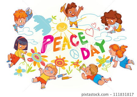 International day of peace. Kids doodle with colored crayons on the asphalt International day of peace. Kids doodle with colored crayons on the asphalt 111831817