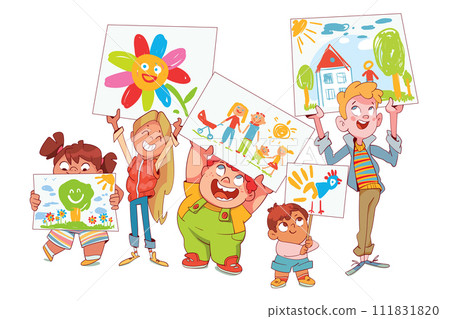 Kids holding their drawings. Show your arts. Children pencil doodles. Colorful cartoon character Kids holding their drawings. Show your arts. Children pencil doodles. Colorful cartoon character 111831820