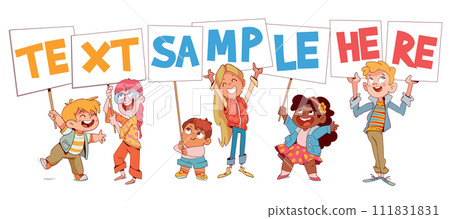 Children hold up signs. Ready template for your inscription or design. Sample text here Children hold up signs. Ready template for your inscription or design. Sample text here 111831831