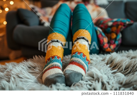AI-generated content. Woman enjoys a cozy evening at home, adorned in colorful woolen socks that add a touch of festive 111831840