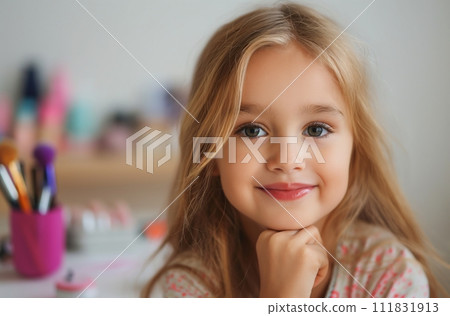 AI-generated content. A six-year-old girl with blond hair and blue eyes sits at the makeup table. She is surrounded by various makeup items 111831913