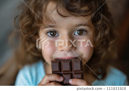 AI-generated content. A 3-year-old gazes as they savor a piece of chocolate, with the hidden risks of diathesis or allergic reactions from too much sweet indulgence lurking 111831928