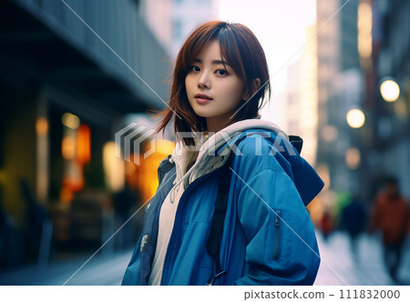 街頭女孩/穿著連帽衫的年輕人晚上在城市裡散步（夜生活/不良行為） 111832000