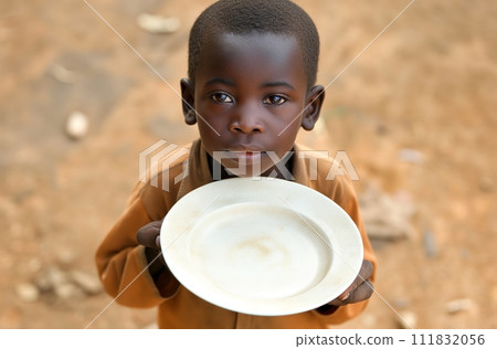 AI-generated content. A young African American boy holds an empty plate in a village setting AI-generated content. A young African American boy holds an empty plate in a village setting 111832056