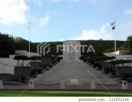 Memorial staircase with statue at the top at Punchbowl National Memorial Cemetery Memorial staircase with statue at the top at Punchbowl National Memorial Cemetery 111832236