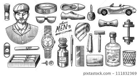 A Man Surrounded By Men 's Accessories. Gentleman, hipster or businessman, victorian era. watches 111832369