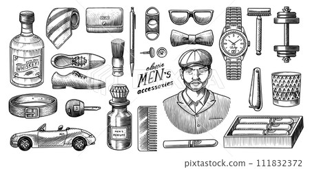 A Man Surrounded By Men 's Accessories. Gentleman, hipster or businessman, victorian era. watches 111832372