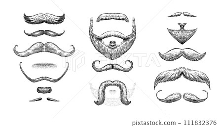 A set of moustache and beards on a white background. Hipster and retro barber or hairdresser A set of moustache and beards on a white background. Hipster and retro barber or hairdresser 111832376