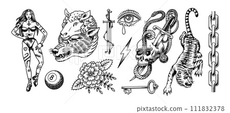 Old school Tattoo stickers set. Woman and Wolf in sheep's clothing. Tiger and chain, sword and snake 111832378