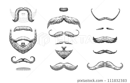 A set of moustache and beards on a white background. Hipster and retro barber or hairdresser 111832383