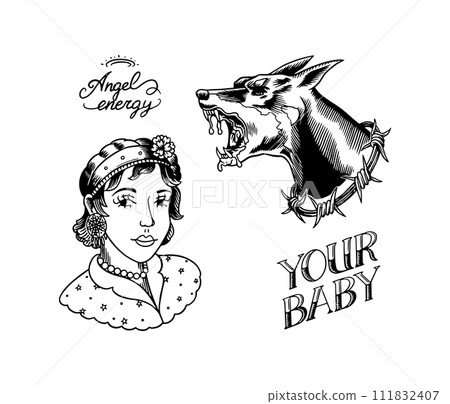 Old school Tattoo stickers set. Woman and Doberman dog logo or emblem, badge. Engraved hand drawn 111832407