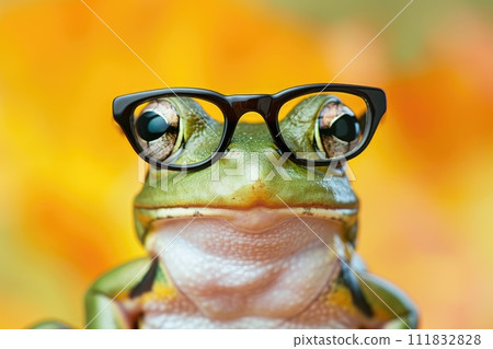 The frog is wearing a pair of round glasses with black frames, Ai Generated 111832828