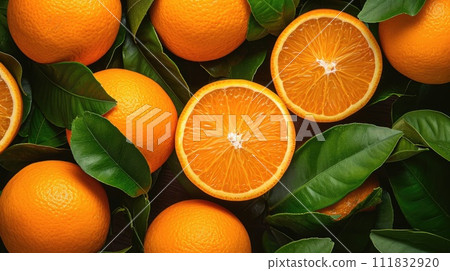 Vivid top view of oranges and leaves, showcasing freshness, Ai Generated 111832920