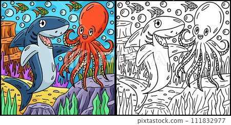 Shark and Octopus Coloring Page Illustration Shark and Octopus Coloring Page Illustration 111832977