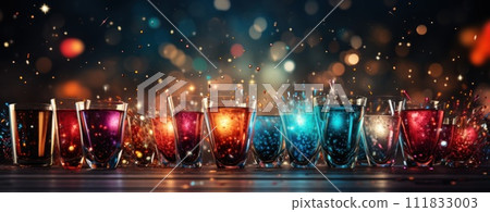 Glasses of champagne clink as colorful fireworks light up the night sky, Ai Generated. Glasses of champagne clink as colorful fireworks light up the night sky, Ai Generated. 111833003