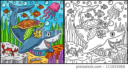 Shark and Turtle Coloring Page Illustration Shark and Turtle Coloring Page Illustration 111833068