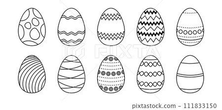 Easter eggs set. Spring linear egg icon collection with different pattern. Doodle style Easter illustration pack for card, invitation, print, sticker, banner, poster. Vector black and white bundle Easter eggs set. Spring linear egg icon collection with different pattern. Doodle style Easter illustration pack for card, invitation, print, sticker, banner, poster. Vector black and white bundle 111833150