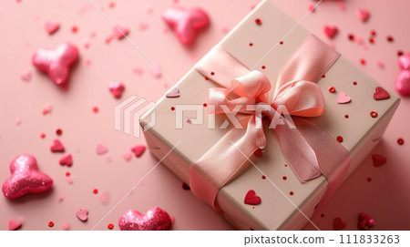 Pink gift box with celebratory hearts on a pink background, Ai Generated 111833263
