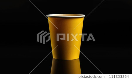 A yellow, vacant disposable paper fast food cup, showcased from the side, against a black backdrop, Ai Generated. 111833264