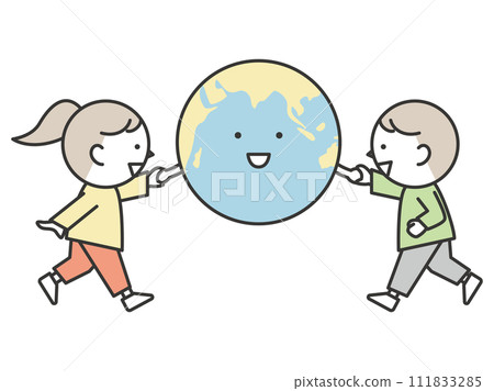 A boy and a girl holding hands with the earth, an image of global environmental protection 111833285